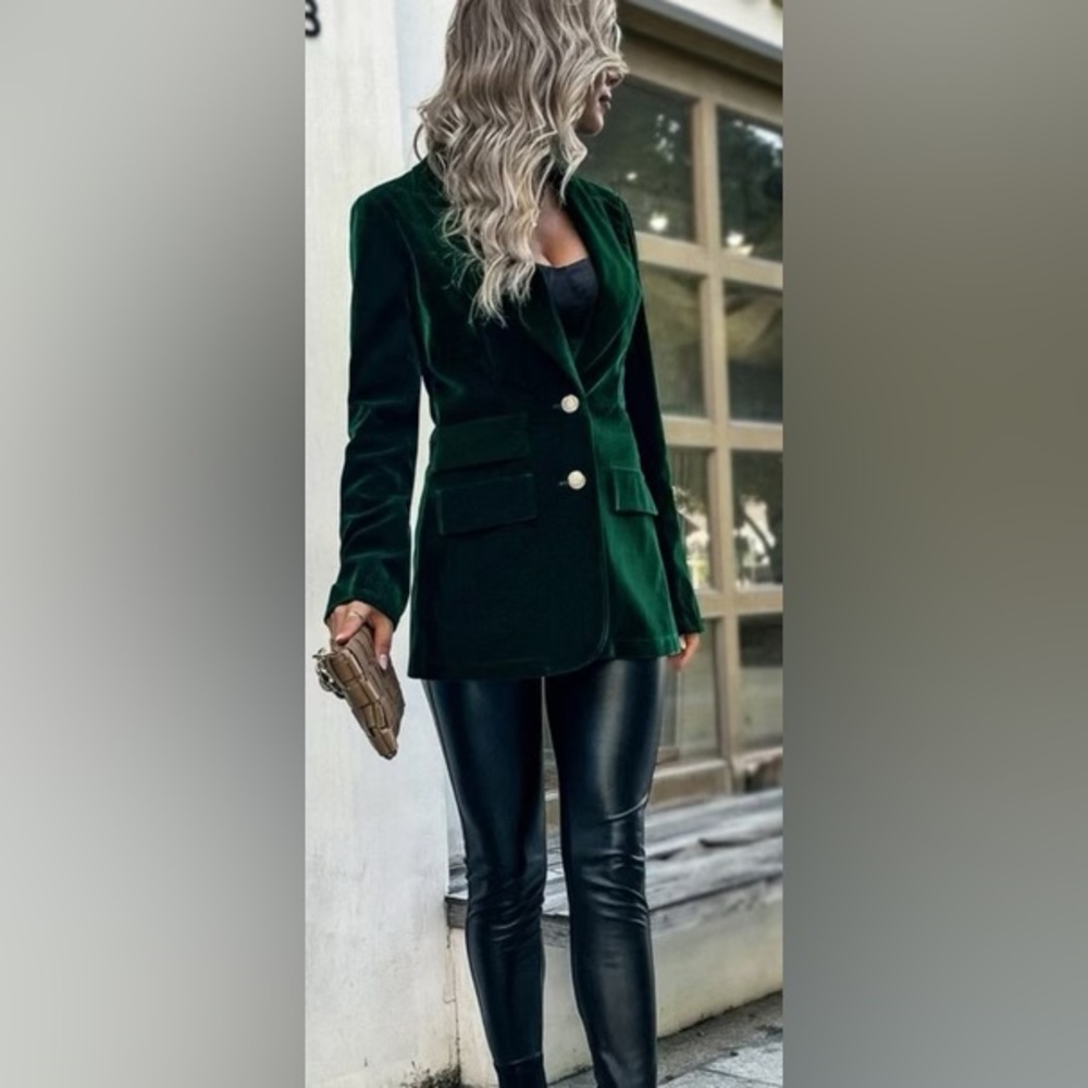 Single breasted flap detail velvet blazer - Dark Green Size XL